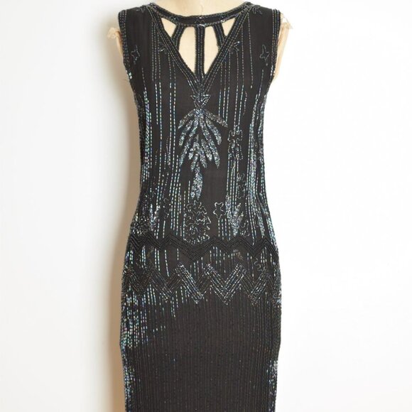 vintage 80s flapper dress black silk sequin beaded cutout cocktail party prom XS - Picture 2 of 10